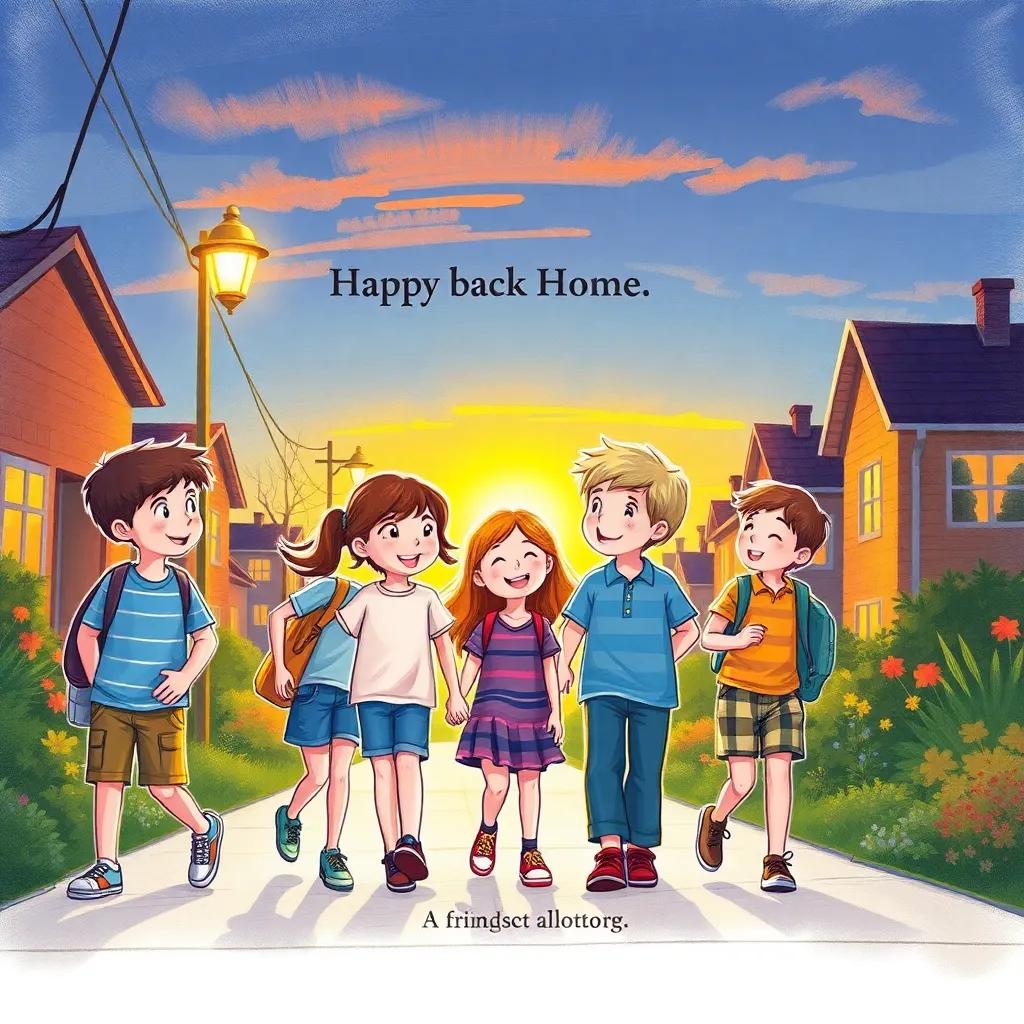 Children enjoying playful lively conversations while walking back home, glowing street lights as the sunset casts a warm light, friendships blooming
