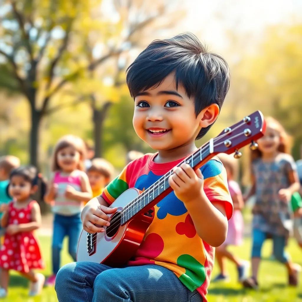 A small boy, Karim, with short black hair wearing a colorful t-shirt and jeans, playing a musical instrument in a sunny park, joyful children around him, digital art, bright colors, cheerful atmosphere, high-quality