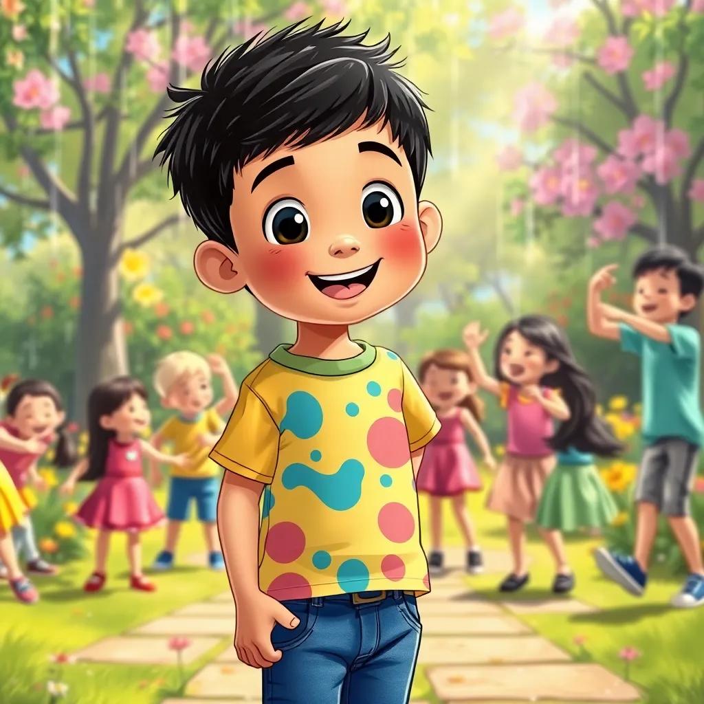 Karim, a small boy with short black hair in a colorful t-shirt and jeans, in a park full of children dancing and laughing, sunshine pouring down, vibrant flowers in the background, illustration, lively, engaging scene, child-friendly