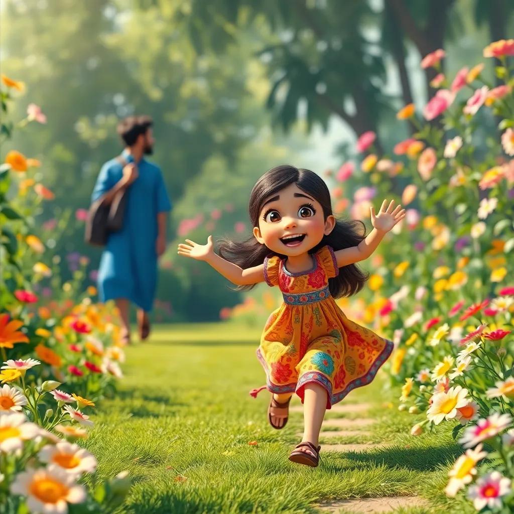 A young Arab girl, Razan, with long, dark hair wearing a colorful dress, excitedly running towards her father in a bright garden filled with flowers, digital art, cheerful atmosphere, vibrant colors, high quality
