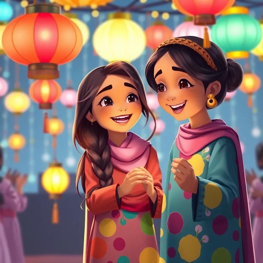 Zahra, a young Arab girl, with long, dark hair wearing a colorful abaya, decorating colorful lanterns with her friends, giggling and smiling, background of decorative lights, illustration, joyful, warm light, child-friendly