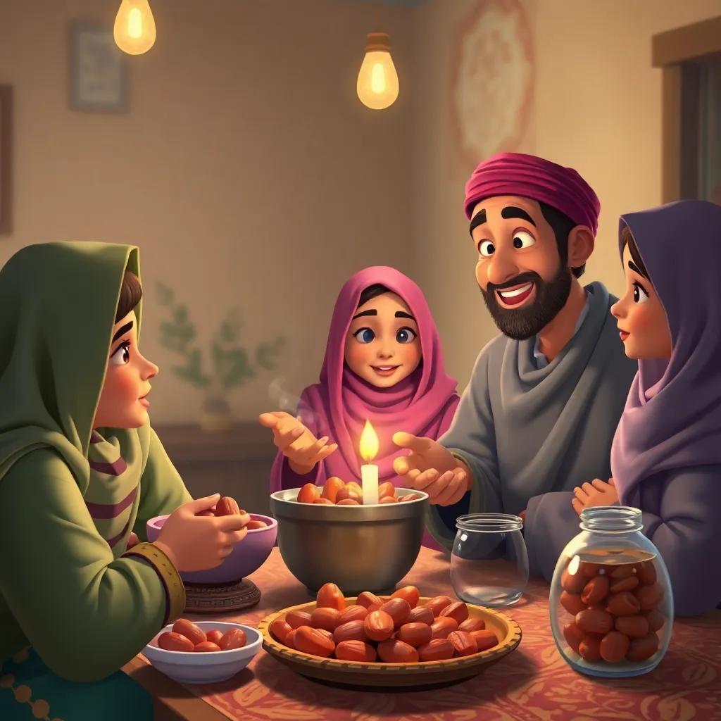 A family preparing iftar with dates and water, Zahra's uncle smiling and calling everyone to the meal, rich aromas in the air, cozy atmosphere, digital painting, inviting colors, realistic, heartwarming