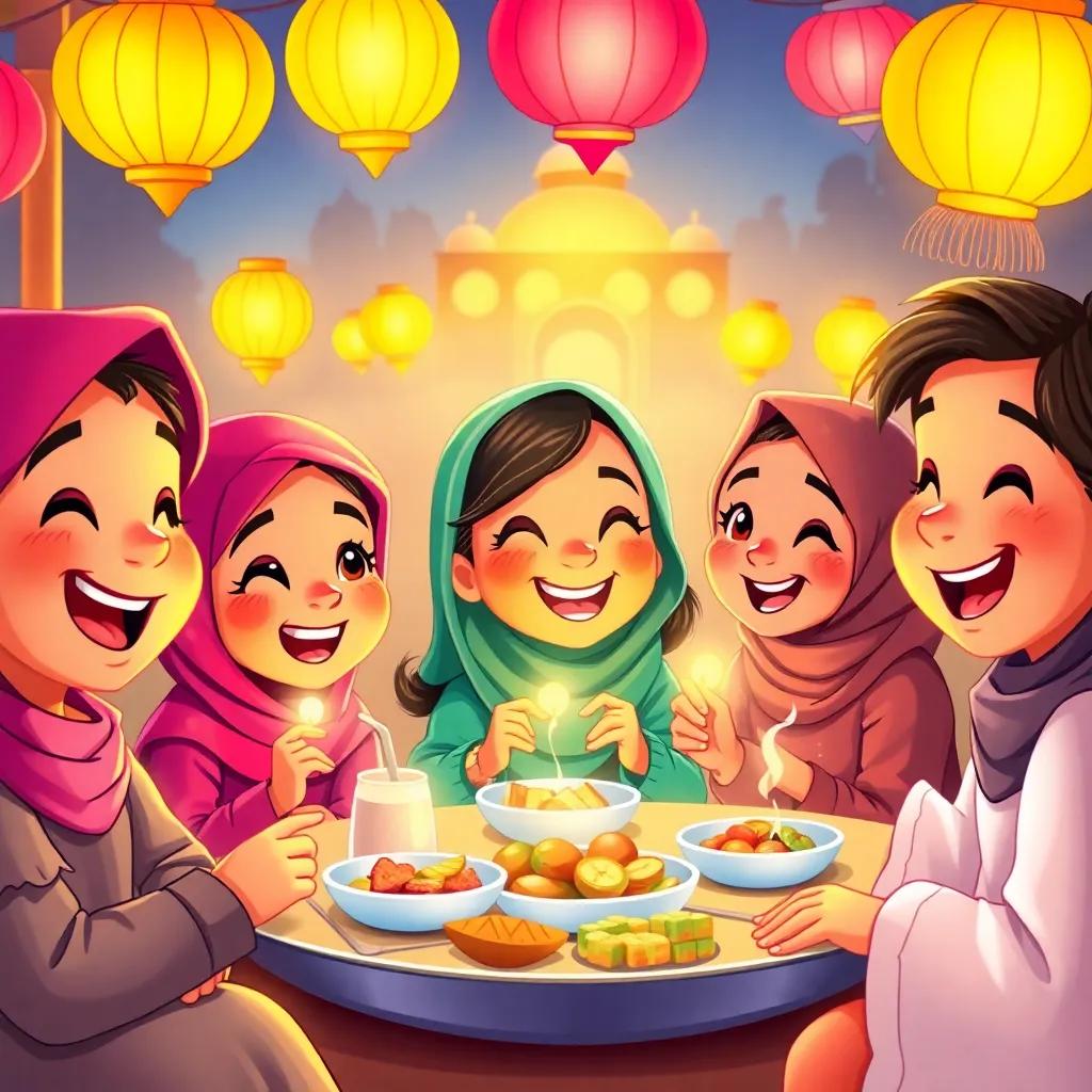 Zahra and her friends eagerly eating iftar with laughter, colorful lanterns shining around them, joyful faces, warm light, illustration, child-friendly, vibrant scene