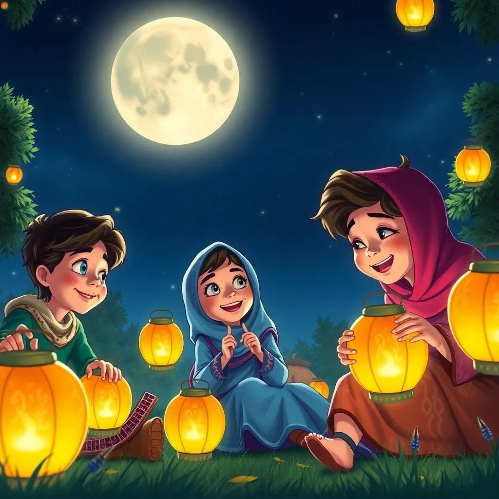 Zahra and friends playing with lanterns under the moonlight, everyone exchanging ideas about games, smiles and laughter fill the air, digital art, magical night scene, bright colors, high quality