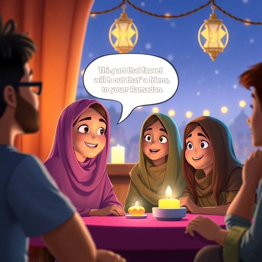 Zahra sharing her thoughts about her favorite moments during Ramadan with her friends, everyone's eyes sparkling with excitement, cozy atmosphere, digital art, vivid colors, inviting