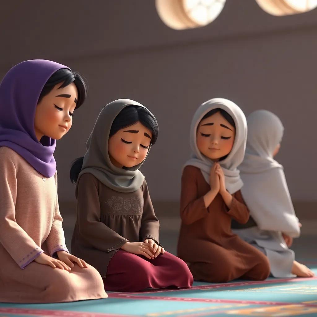 A quiet moment during prayer, Zahra and her friends kneeling together, peaceful expressions, soft light illuminating their faces, digital art, serene and calming scene, high quality