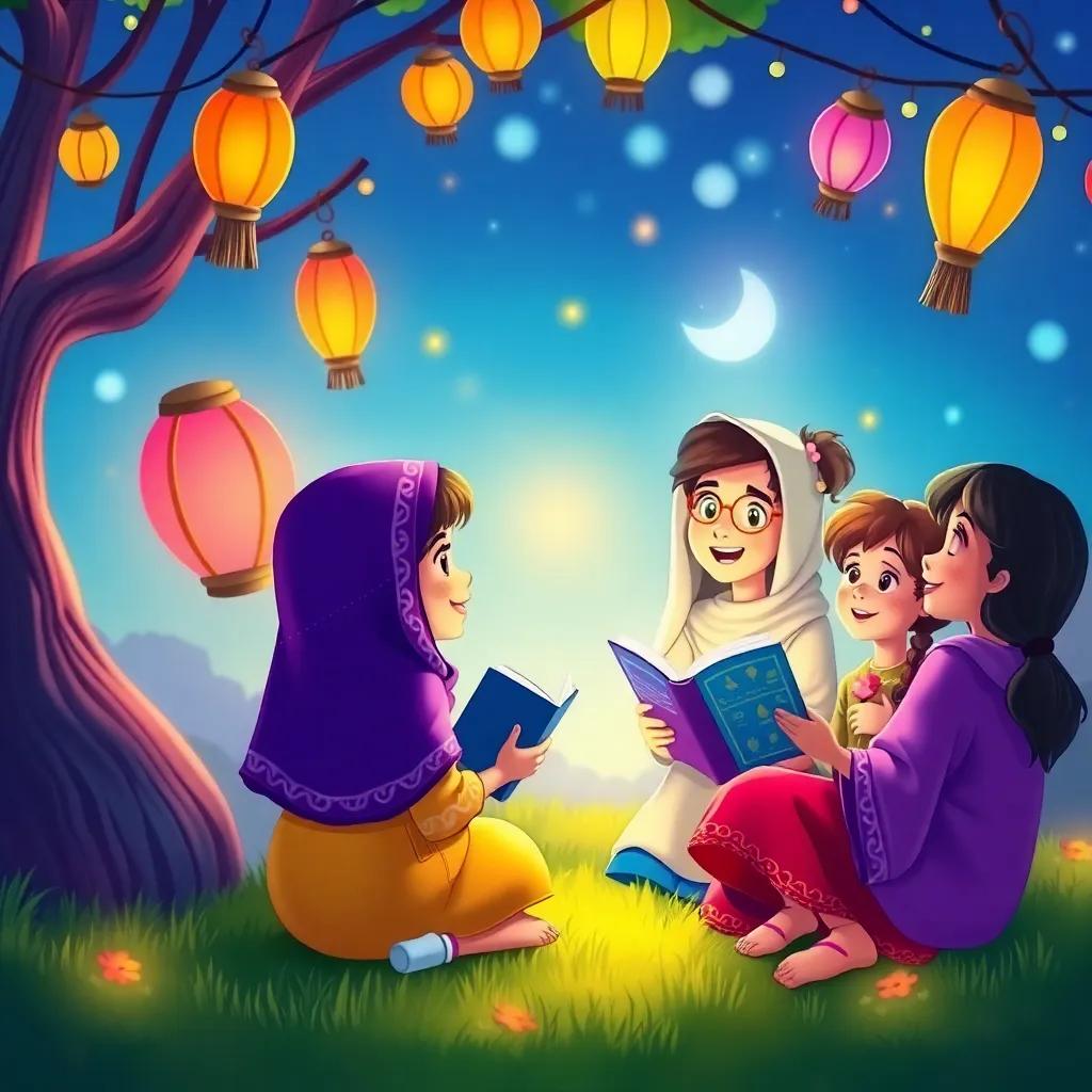 Zahra discussing her favorite fairy tales with her friends, colorful lanterns surrounding them while they share stories, cheerful atmosphere, illustration, vibrant, child-friendly