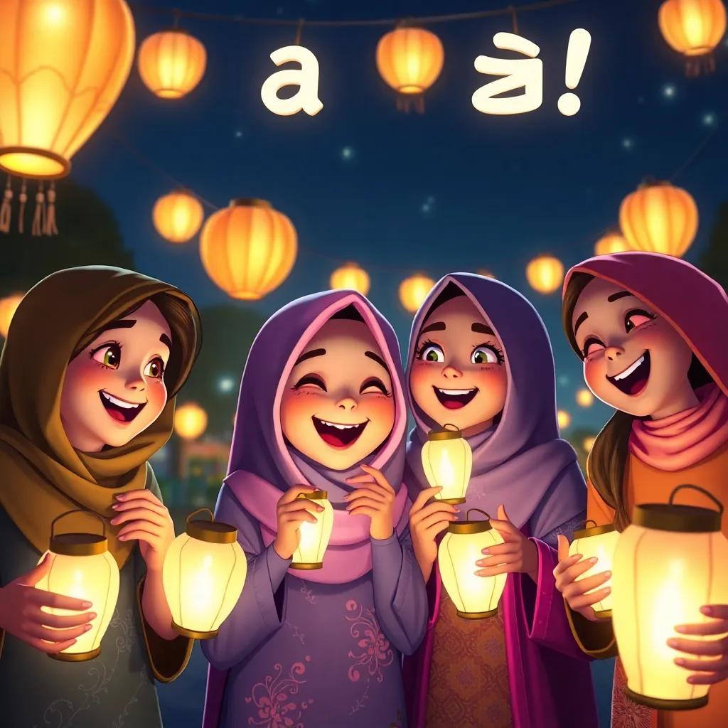 Zahra and her friends joyfully saying "رمضان مبارك!" together with glowing lanterns, smiles lighting up their faces, vibrant night scene, digital art, festive atmosphere, high quality