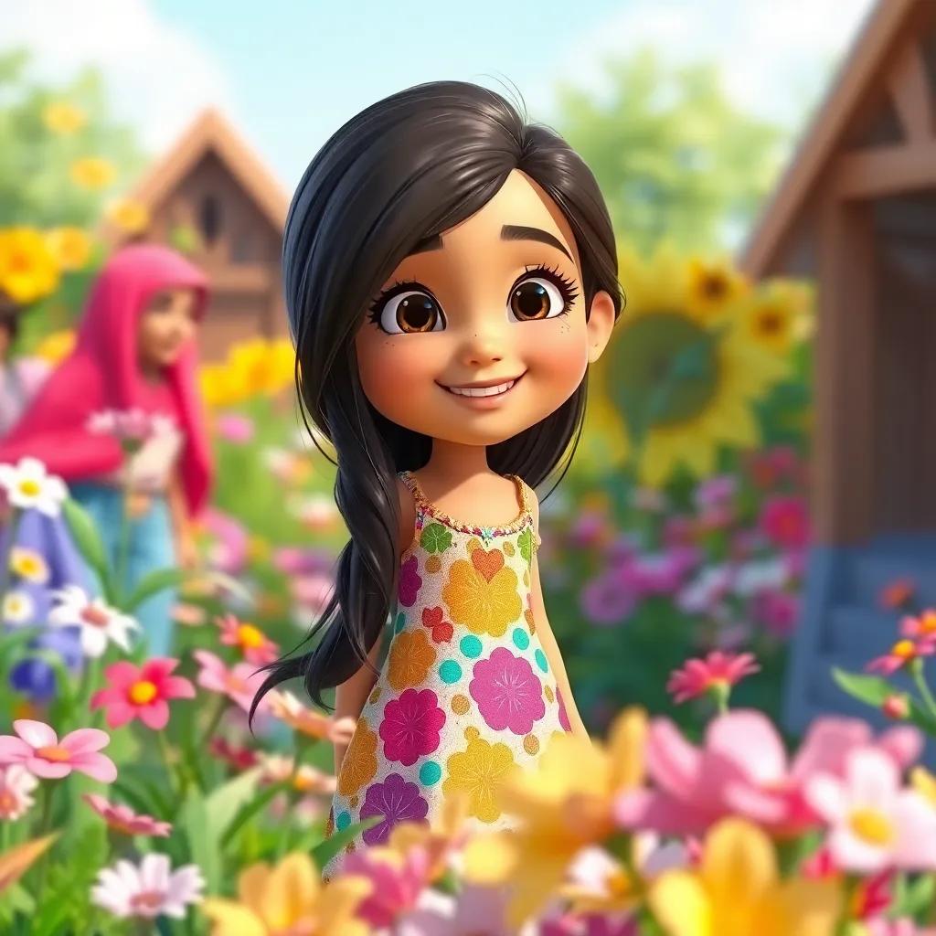 A young Arab girl, Farah, with long dark hair, wearing a colorful dress, playing with her friends in a garden full of flowers, bright colors, cheerful and lively atmosphere