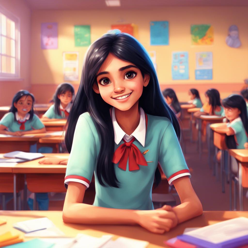 A beautiful and polite young girl, Farah, with long, black hair wearing a colorful school uniform, sitting in a classroom smiling at her friends, cheerful atmosphere, digital art, bright and vibrant colors, educational setting, high quality