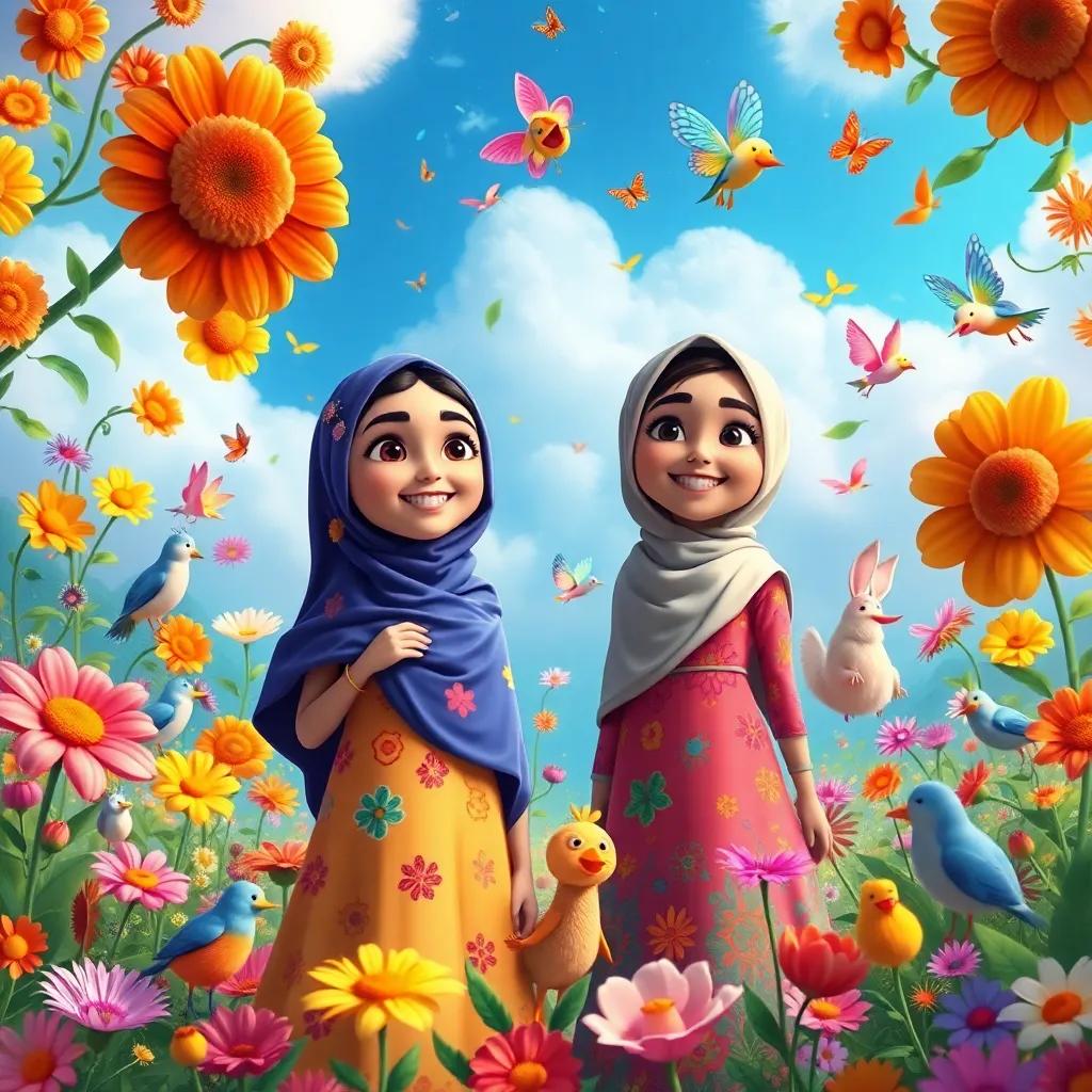 Farah and Fayrouz in a vibrant dream world, wearing colorful clothes, surrounded by talking flowers and colorful animals, filled with joy and laughter, fantasy art, vivid colors, delightful scenery, high quality