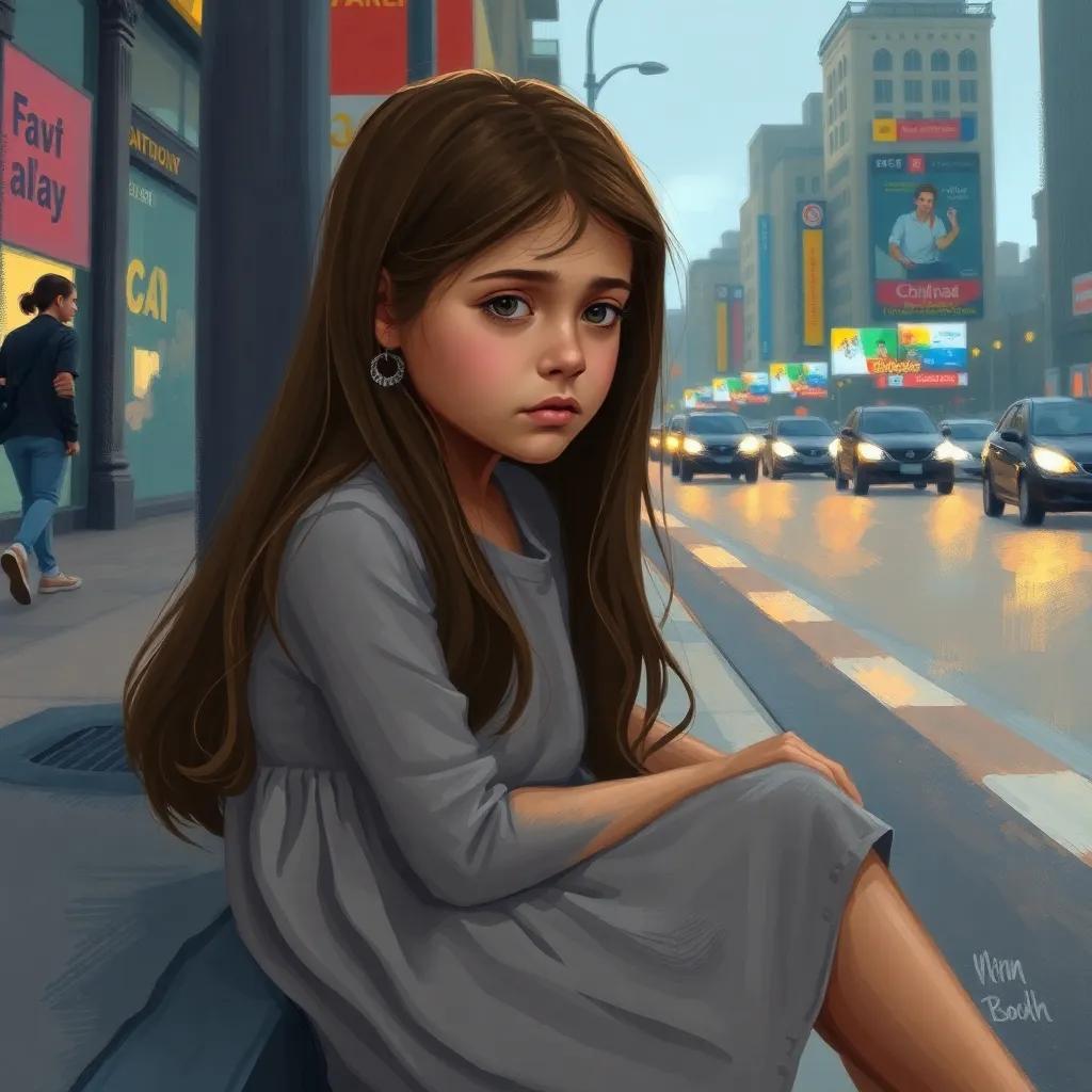 A young girl, Farah, with long brown hair, wearing a simple dress, sitting on a street curb looking sad, surrounded by a busy city, digital art, emotional, soft colors, close-up view, heartwarming expression