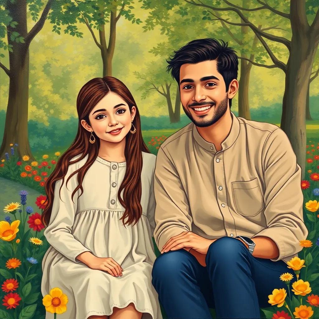 Farah, a young girl with long brown hair, wearing a simple dress, sitting with a kind young man named Mohamed in a park, sharing a gentle smile, vibrant flowers around them, illustration, uplifting, cheerful atmosphere, bright colors, friendly perspective