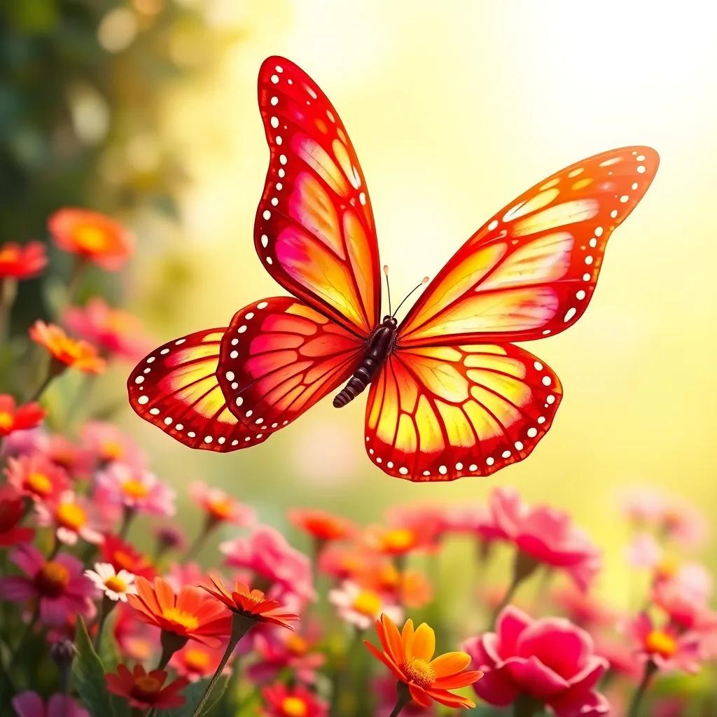 A beautiful butterfly, Farah, with red wings like a sunset, flying over colorful flowers, bright morning light, cheerful atmosphere, high quality, digital art