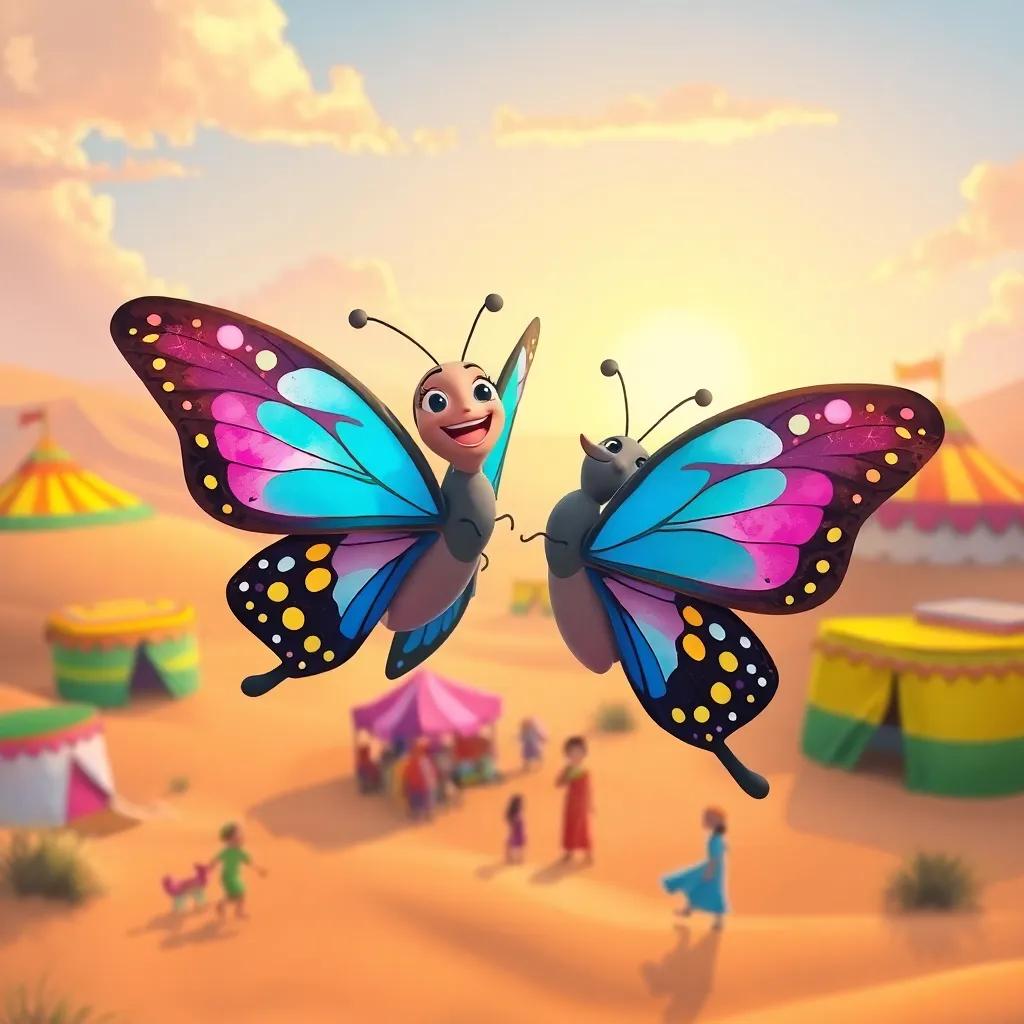 Farah and Marah, two butterflies, flying joyfully over a desert, colorful tents in the background, children playing, warm sunlight, cheerful scenery, detailed illustration