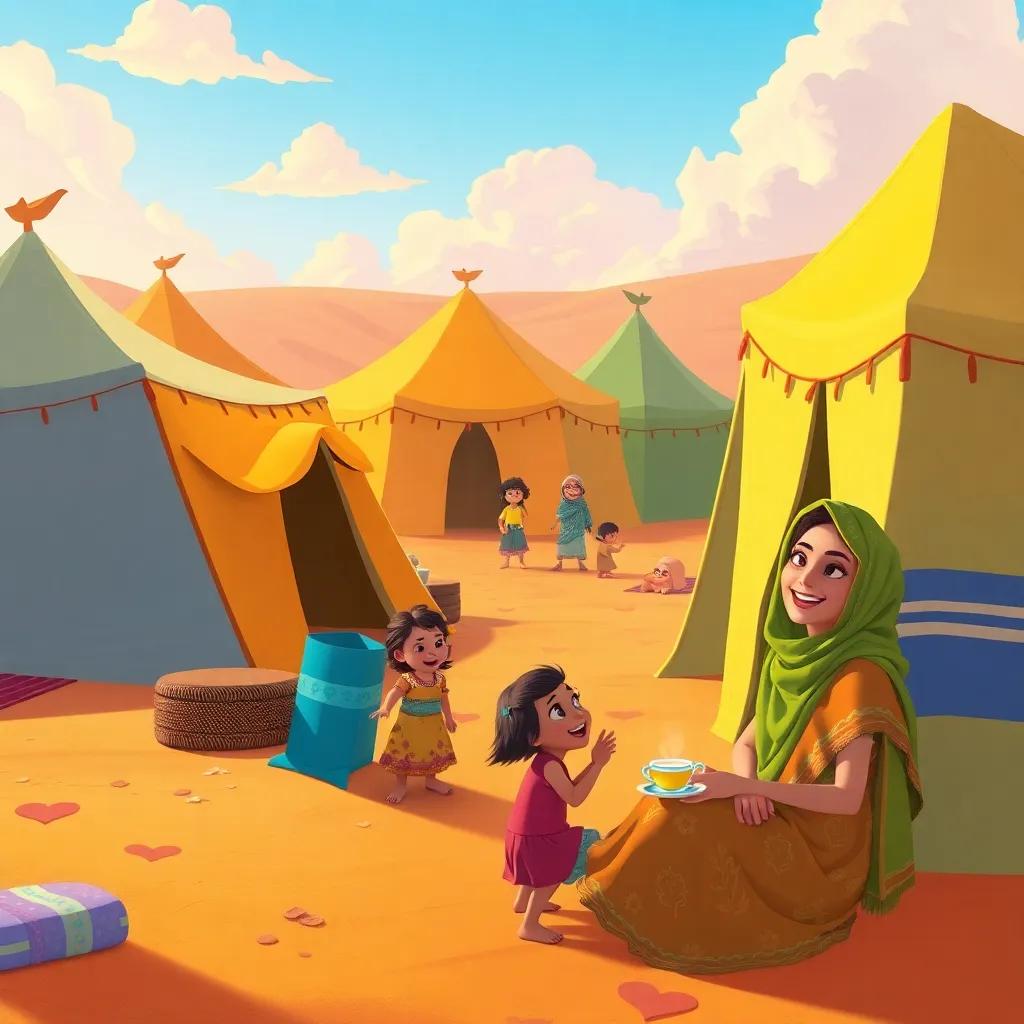 A colorful desert scene with tents, children laughing, women sipping tea in the shade, a lively and happy environment, vibrant colors, heartwarming imagery