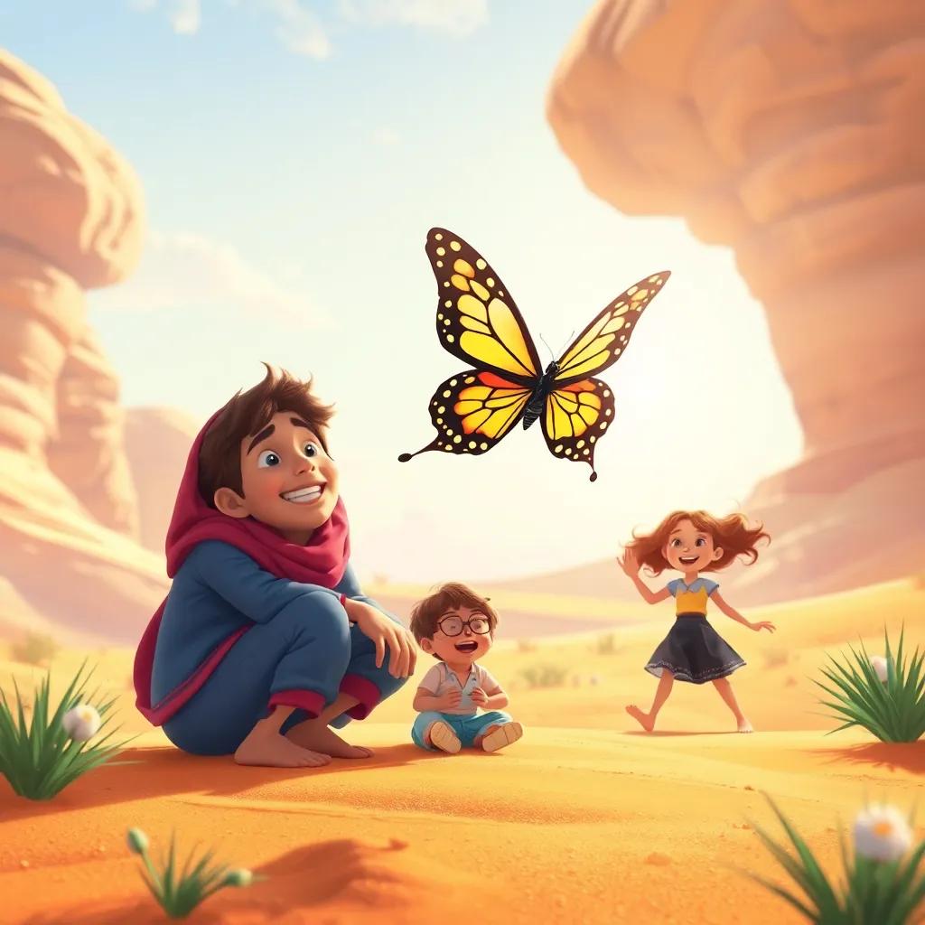 Butterfly Marah flying near the ground, enjoying the natural beauty of the desert, happy families around, cheerful light, vibrant atmosphere, digital painting