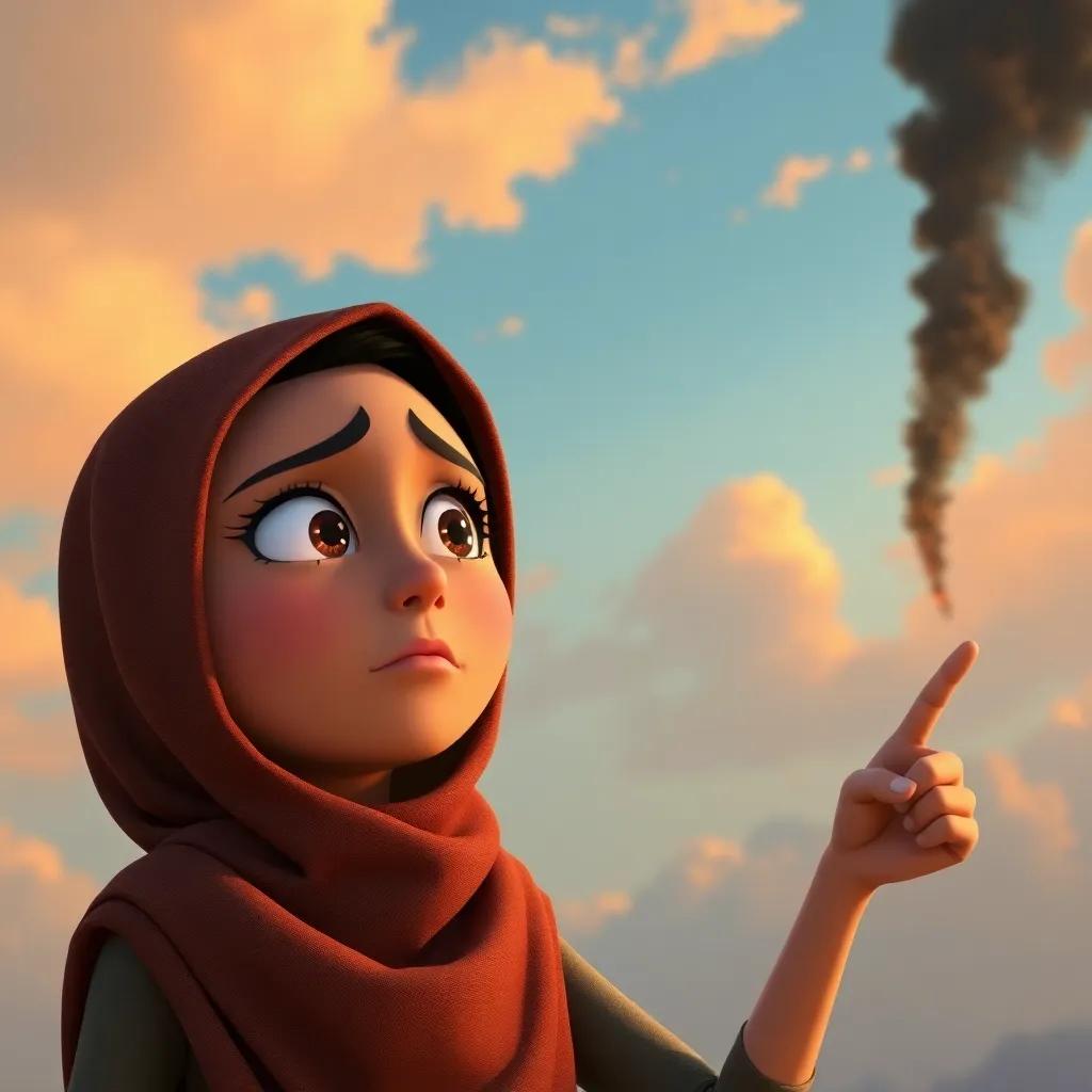Farah, concerned in the sky, pointing at black smoke rising from a distance, expressing worry with expressive eyes, serious tone, detailed digital art
