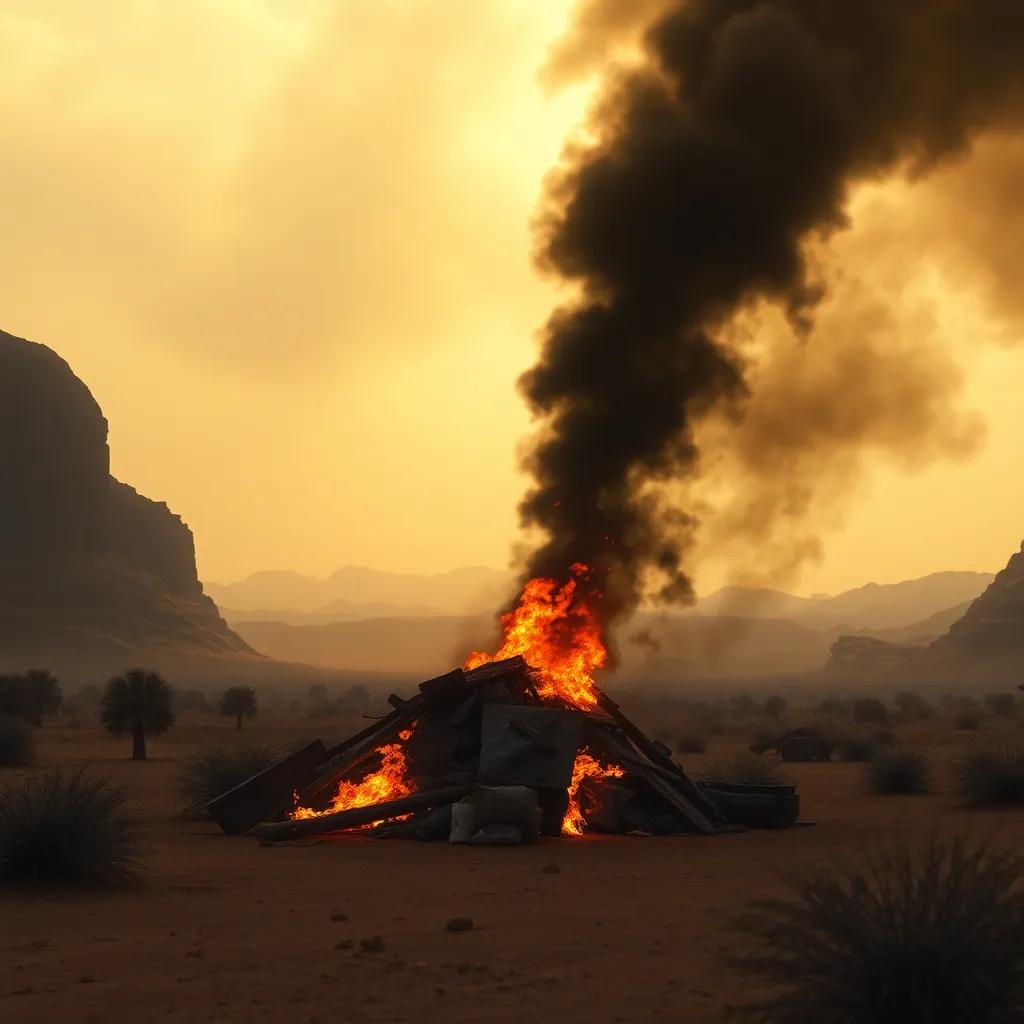The view of youth burning trash in the desert, thick black smoke rising, darkening the environment, dramatic lighting, important environmental theme