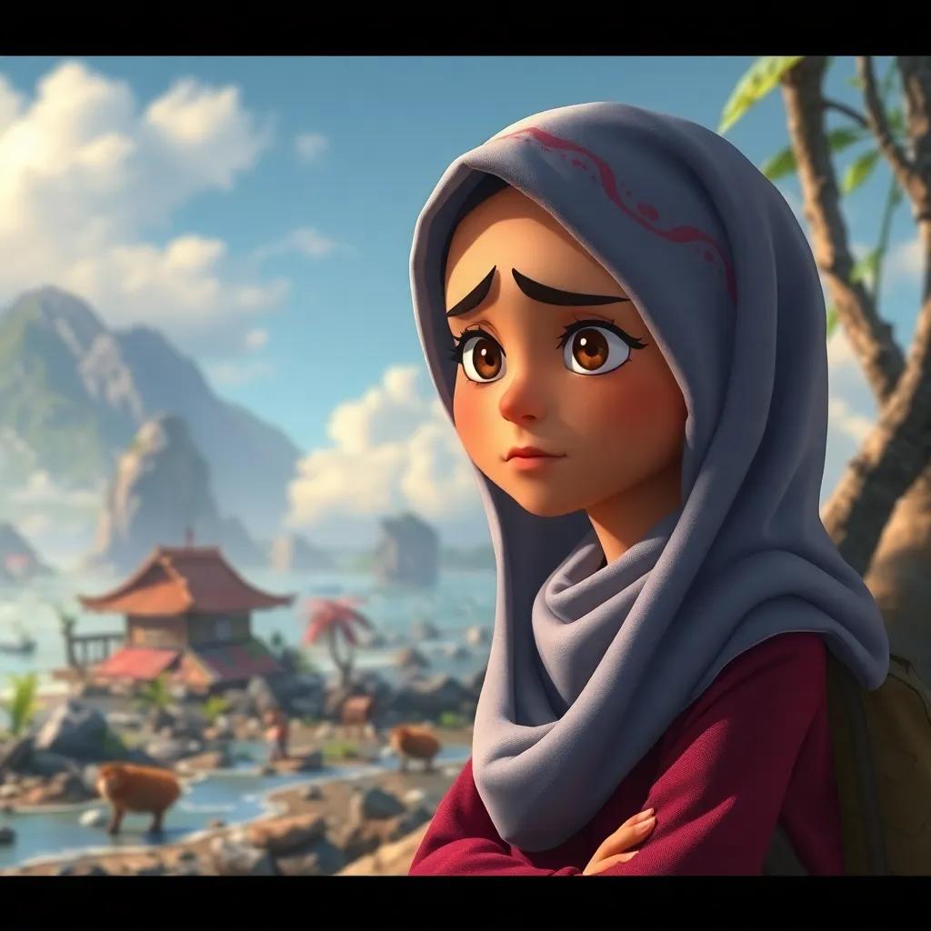 Farah frowning, saying it's sad that they polluted the beautiful place, serious expression, focused on the polluted environment around, detailed digital art