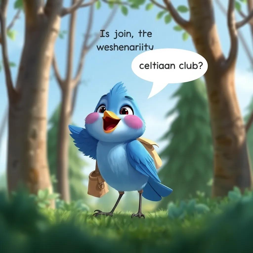 A small blue bird appearing among trees, excitedly asking if he can join the environmental club, holding a small bag on his back, cheerful appearance, detailed illustration