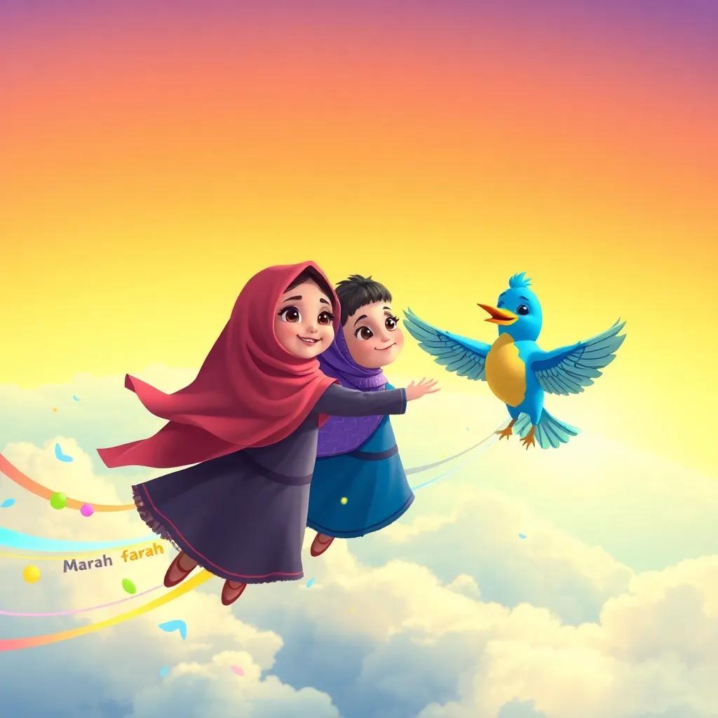 Farah, Marah, and the blue bird flying together in the sky, leaving behind colorful trails and messages about protecting the environment, bright and inspiring scene, child-friendly illustration