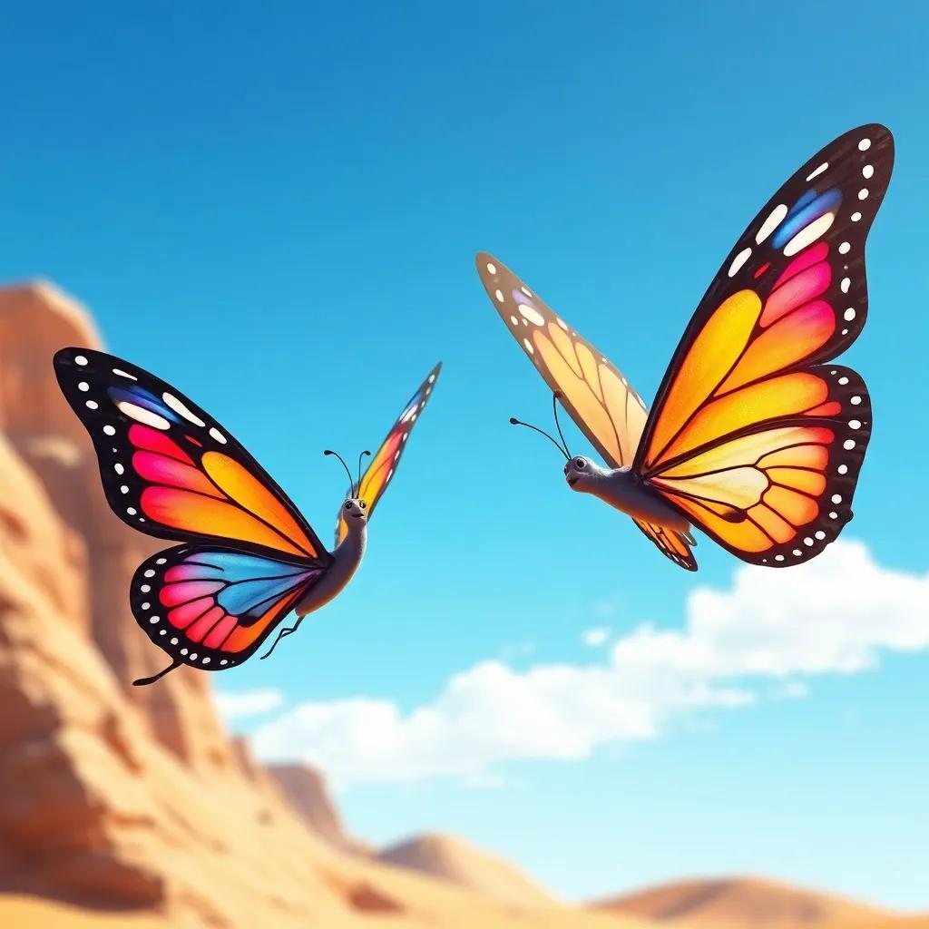 A beautiful morning in the desert, two butterflies named Farah and Marah with colorful wings dancing in the blue sky, digital art, bright colors, cheerful atmosphere, high quality