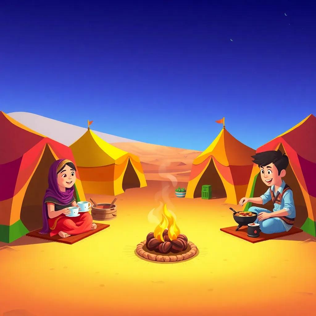 Colorful tents set up in the desert, women sipping tea and men cooking delicious food, vibrant scene, joyful mood, child-friendly
