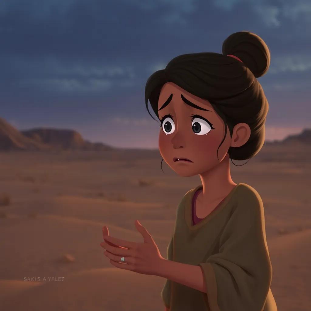 A mother crying in the desert, searching for her lost child, with worry on her face, emotional scene, heartfelt atmosphere, high quality