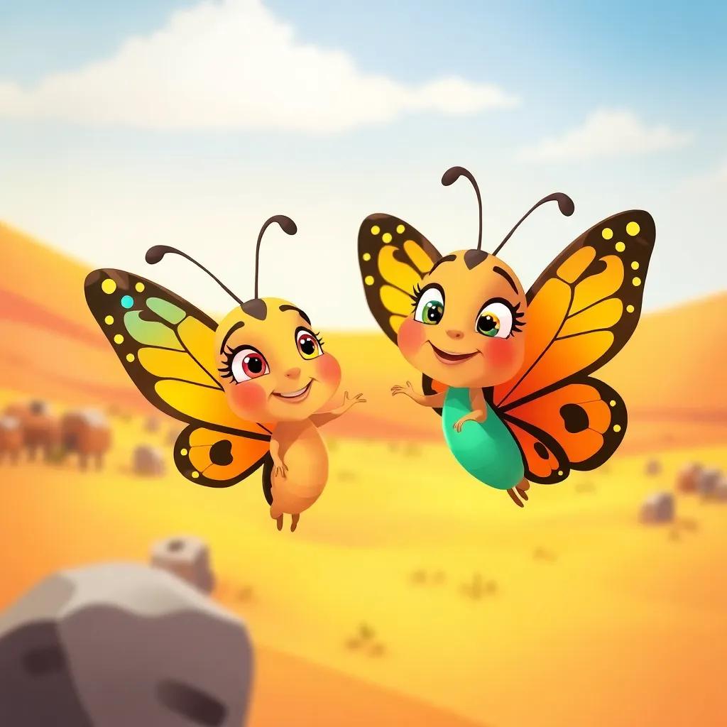 Farah and Marah the butterflies determined to help the mother, flying together with a look of focus, colorful desert background, illustration, conveying teamwork, friendly tone