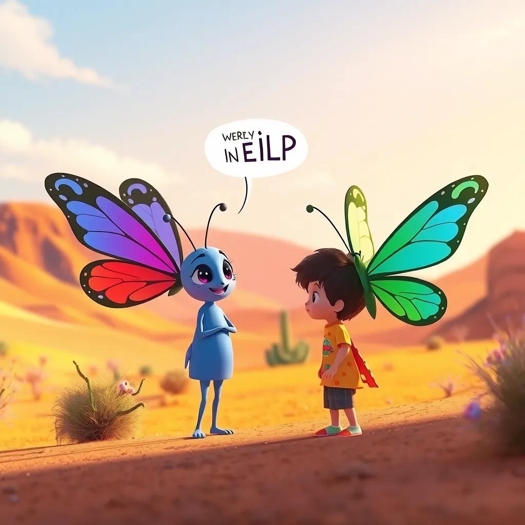 The butterflies asking the child for help, with encouraging expressions on their faces, colorful desert scene, clear sky, heartwarming