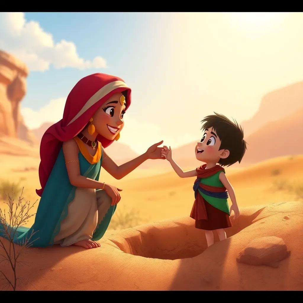 Farah telling the child to grab her wing to help him out of the hole, bright desert sunlight, vibrant colors, hopeful situation, friendly