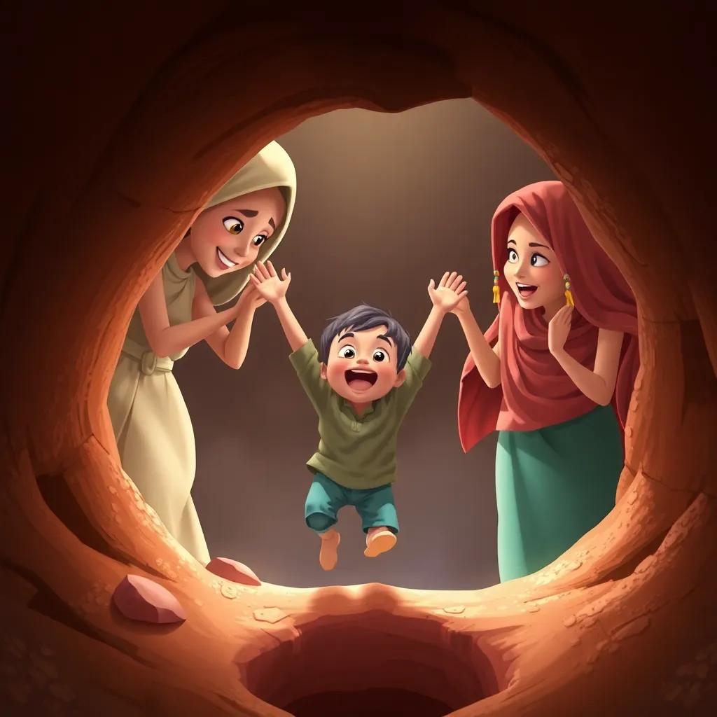 The child happily climbing out of the hole, with Farah and Marah cheering him on, joyful reunion with his mother, warm colors, uplifting atmosphere
