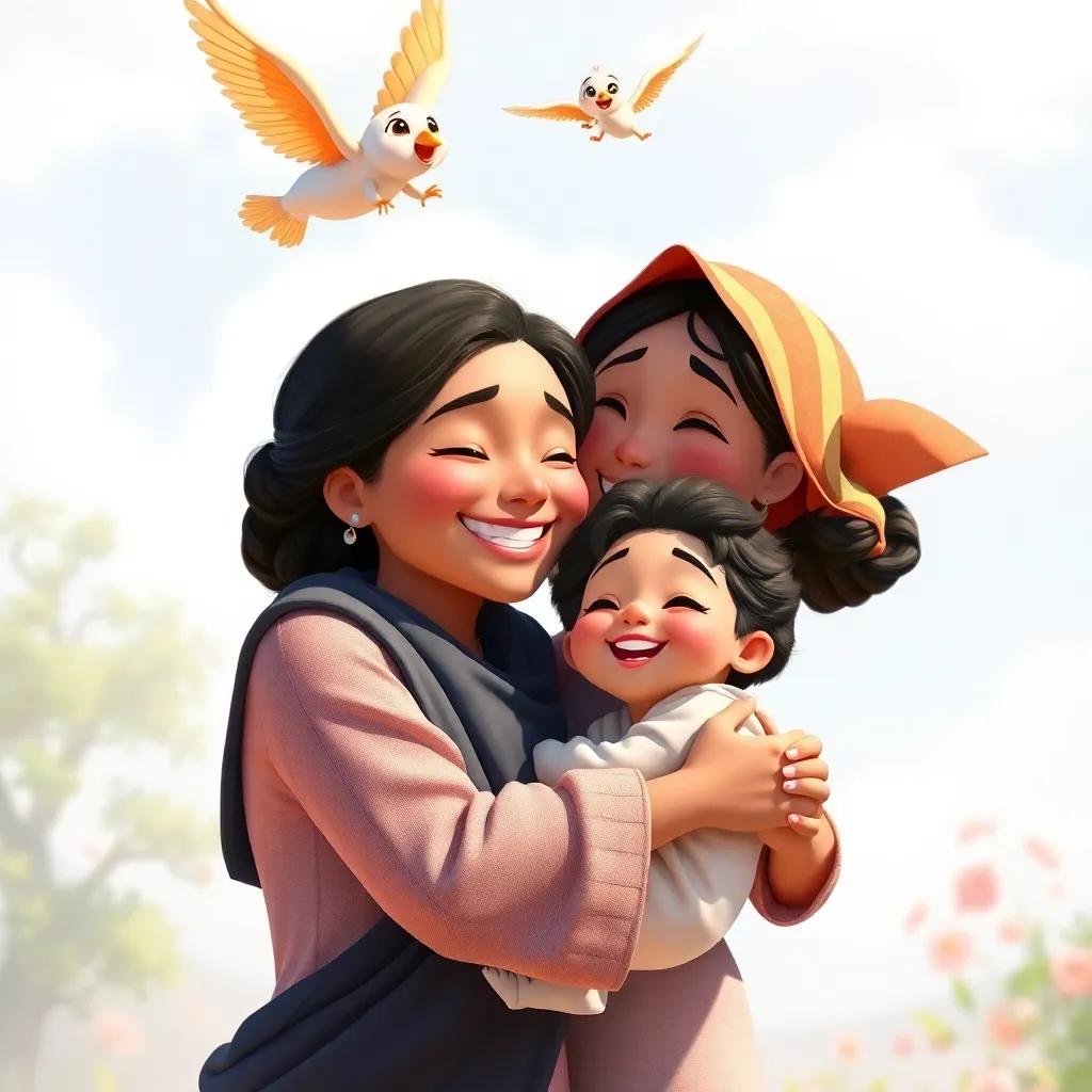 The mother hugging her child tightly with gratitude, Farah and Marah flying above them with smiles, heartwarming scene, bright day, high quality