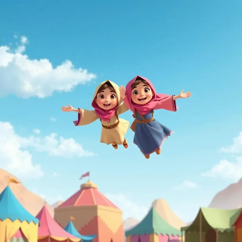 Farah and Marah flying back into the blue sky, proud of their adventure, colorful tents below, joyful mood, bright future ahead, child-friendly