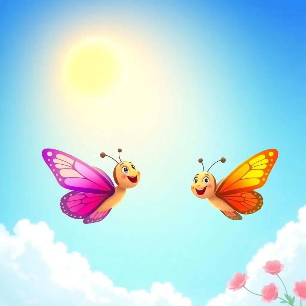 A bright sunny morning with two butterflies, Farah and Marah, flying in a blue sky, singing together, cheerful, colorful illustration, vivid colors, joyful atmosphere, high quality
