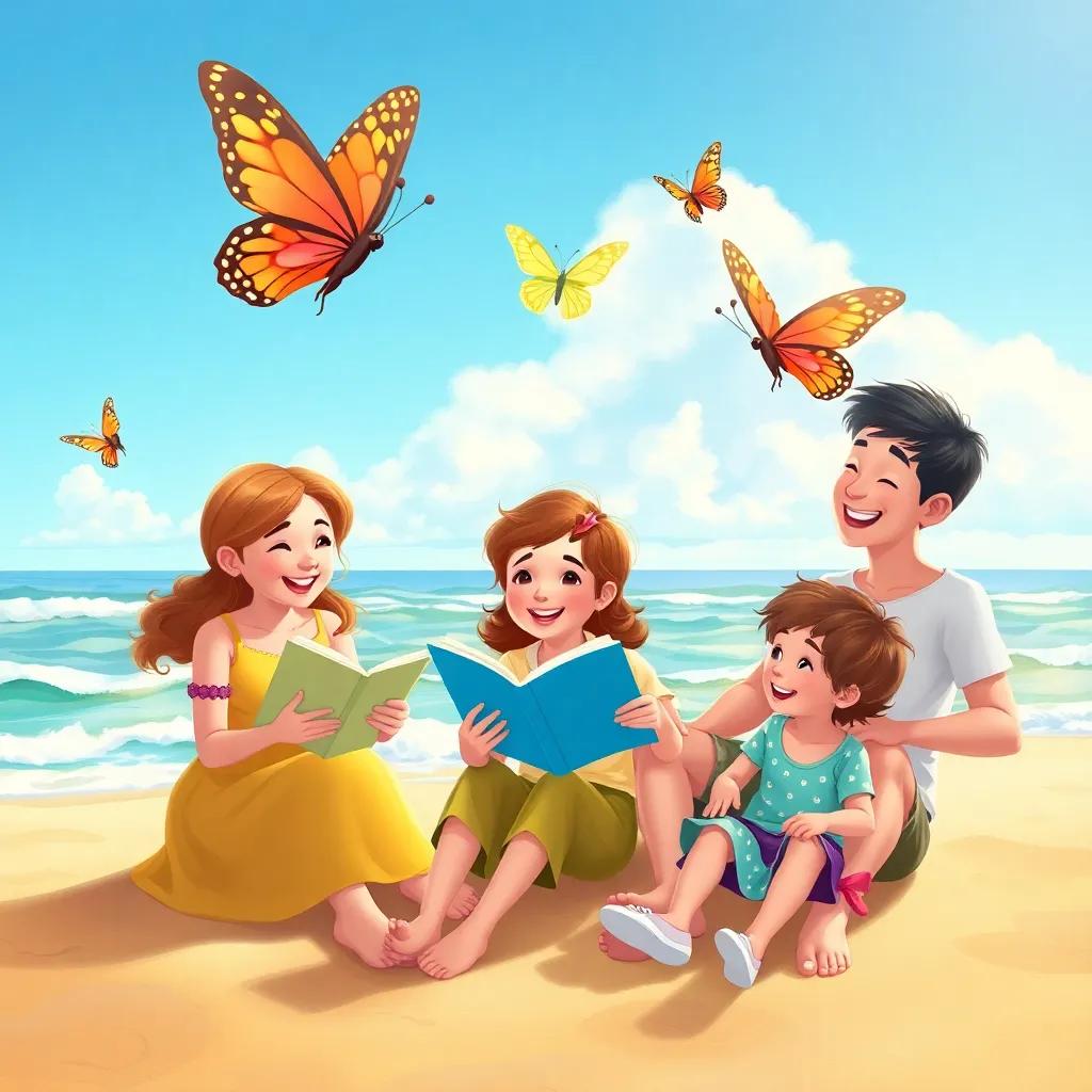 Three butterflies flying over a family sitting by the beach, the mother reading a story, the father playing with children, everyone laughing happily, colorful, heartwarming, bright beach scene, illustration, high quality