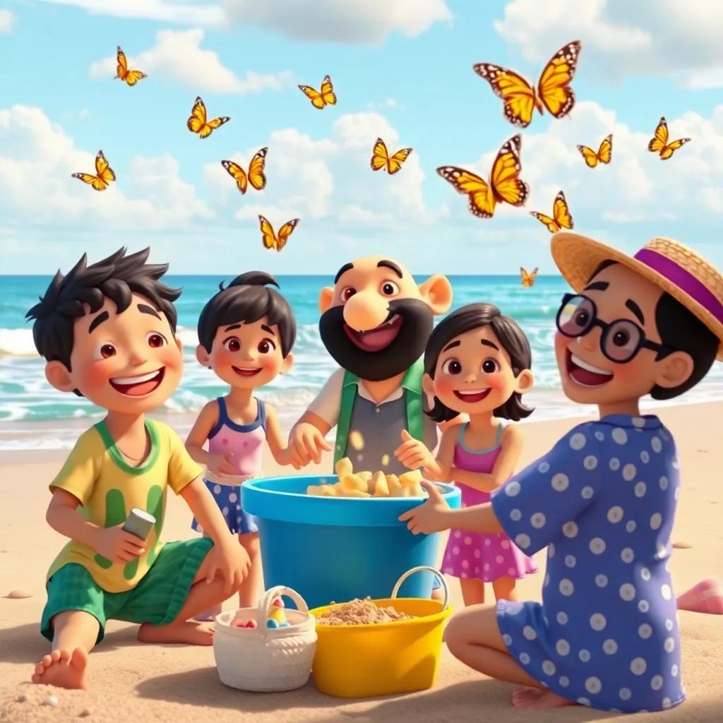 Nuno celebrating the family for cleaning up the beach, butterflies swirling around, beautiful beach scenery, cheerful colors, friendly atmosphere, summer vibes, high quality