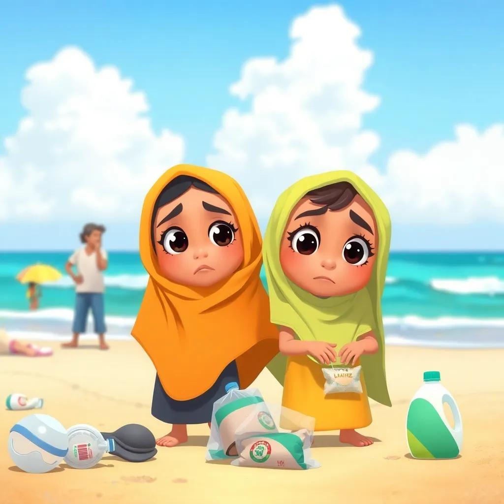 Farah and Marah noticing people littering along the beach, a concerned expression on their faces, surprise and worry, bright colors, lively beach background, child-friendly illustration, high quality