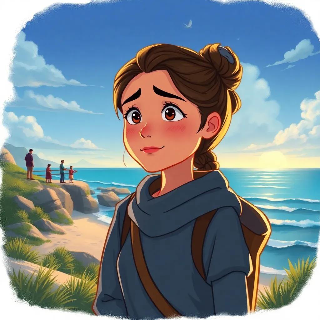 Nuno looking sad as she watches people harming the environment, a gentle smile on her face, beautiful seaside landscape, thoughtful colors, emotional yet hopeful scene, illustration, high quality