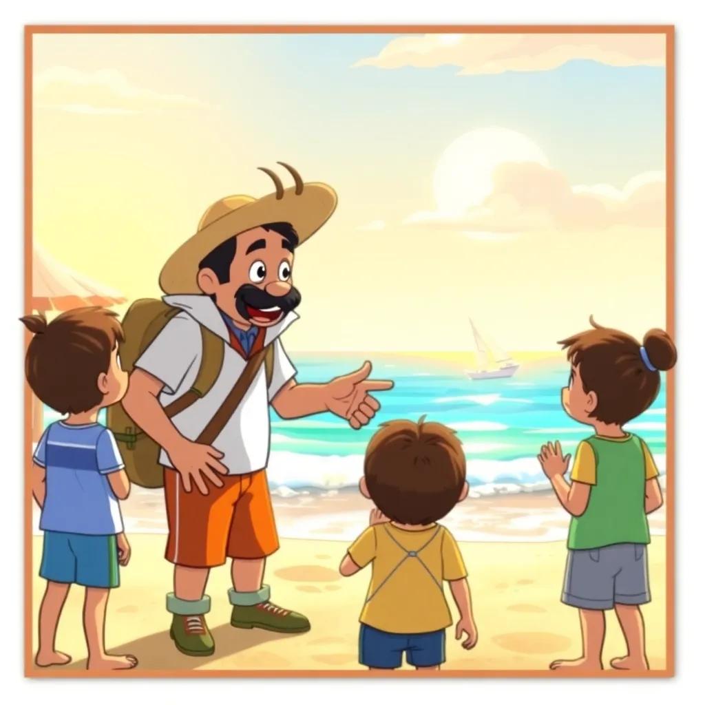 Nuno speaking to children in a friendly manner, pointing at a clean beach area, vibrant colors, warm sunny atmosphere, child-friendly, illustration, engaging scene, high quality