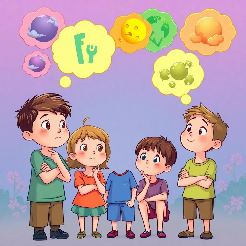 Children thinking and discussing the environment, with imaginations shown as colorful bubbles around them, thoughtful expressions, playful colors, child-friendly illustration, high quality