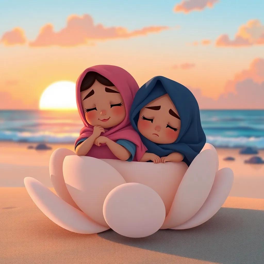 Farah and Marah resting on a soft flower near the beach, tired yet happy, beautiful sunset colors, peaceful atmosphere, child-friendly, illustration, high quality