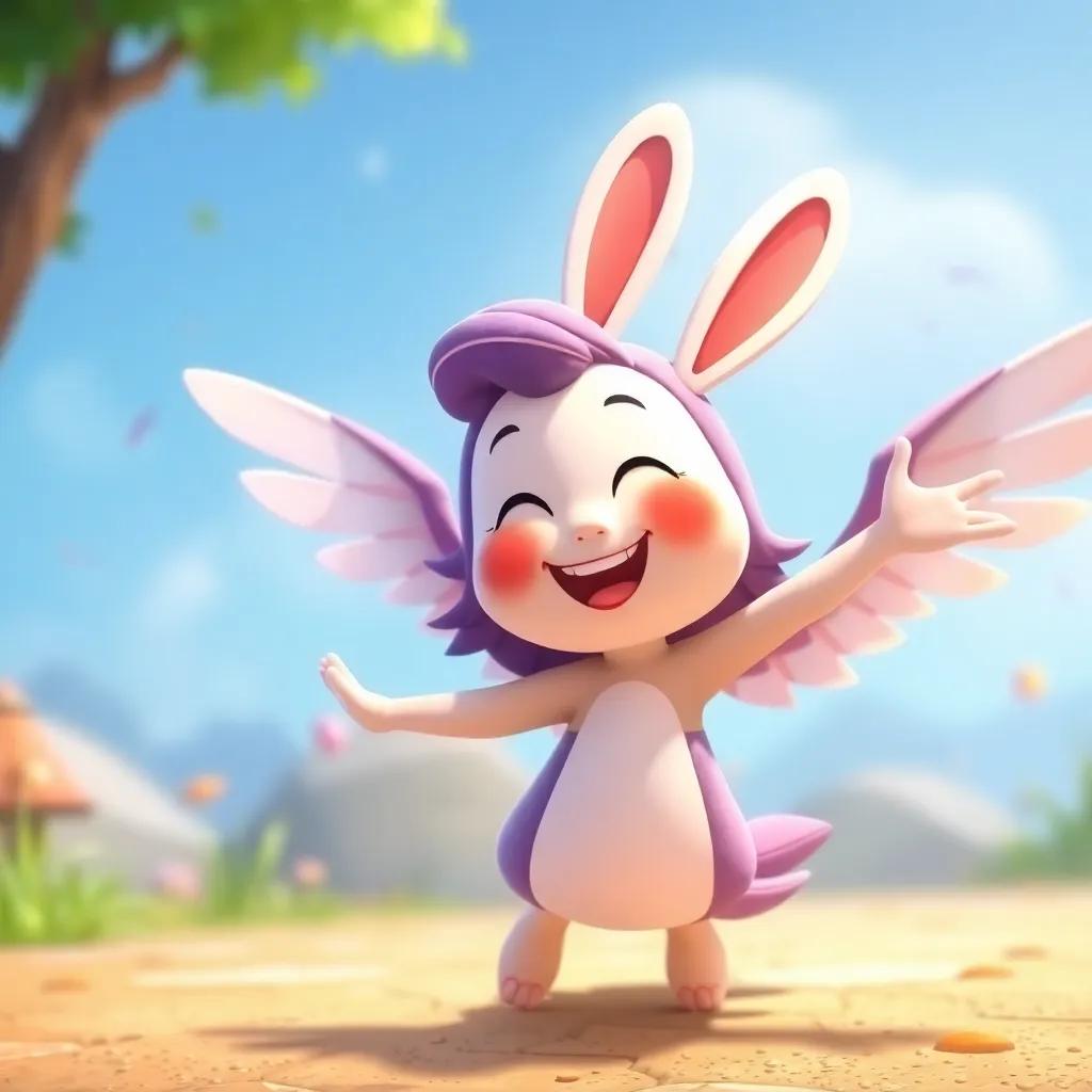 Nuno happily flapping her wings, promising a new game for the next adventure, joyful colors, enthusiastic atmosphere, child-friendly illustration, high quality