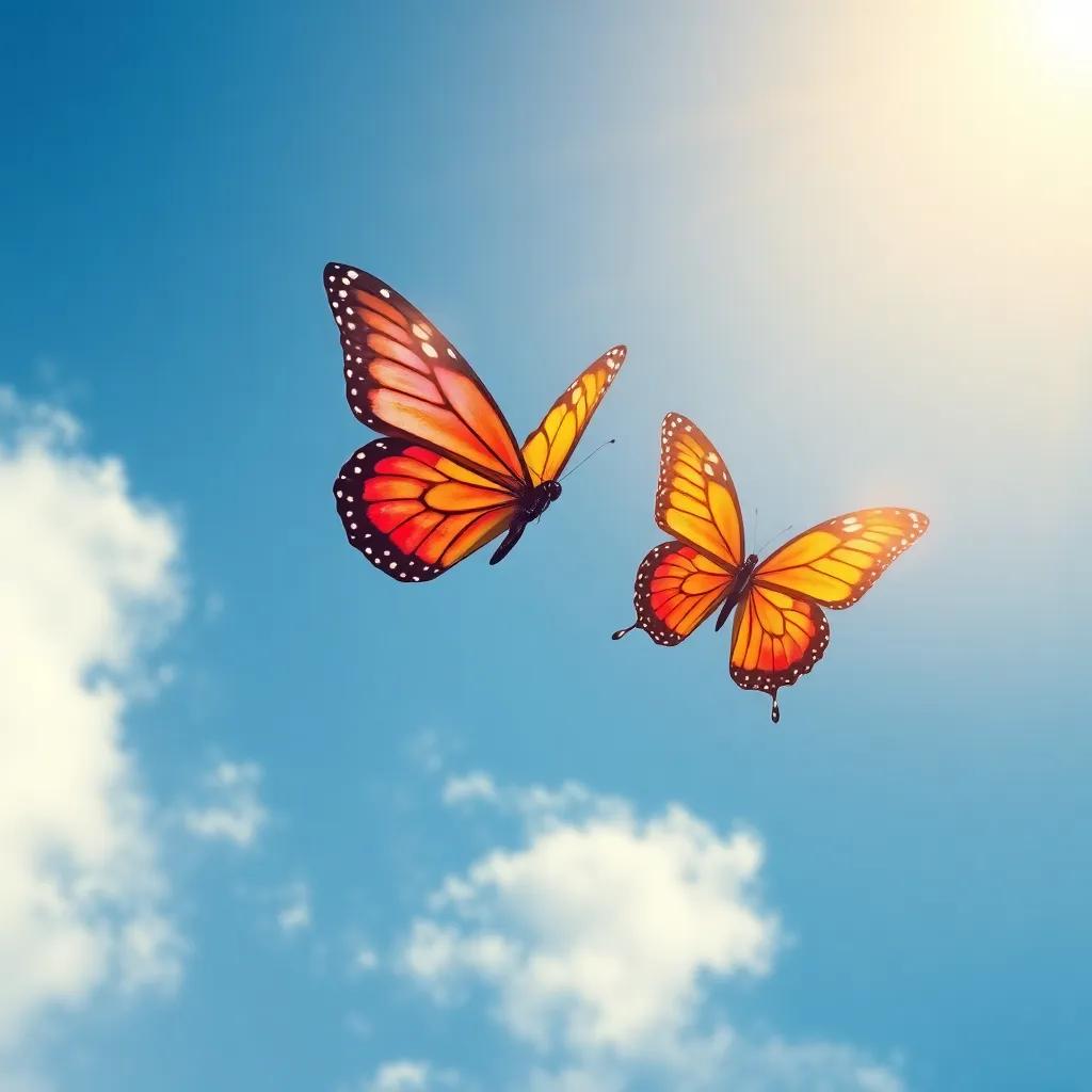 A bright sunny morning with two butterflies, Farah and Marah, flying in a clear blue sky, cheerful atmosphere, colorful, digital art, inviting lighting, high quality