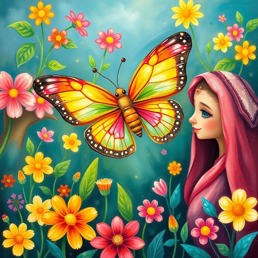 A small rainbow-colored butterfly, Nuno, joyfully flying around Farah and Marah, surrounded by a vibrant garden, lively colors, cheerful illustration, child-friendly