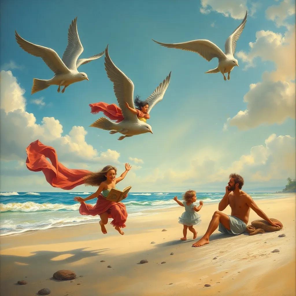 Farah, Marah and Nuno flying joyfully over a beach with a happy family, mother telling stories to her daughter, father playing with children, warm and inviting beach scene, detailed
