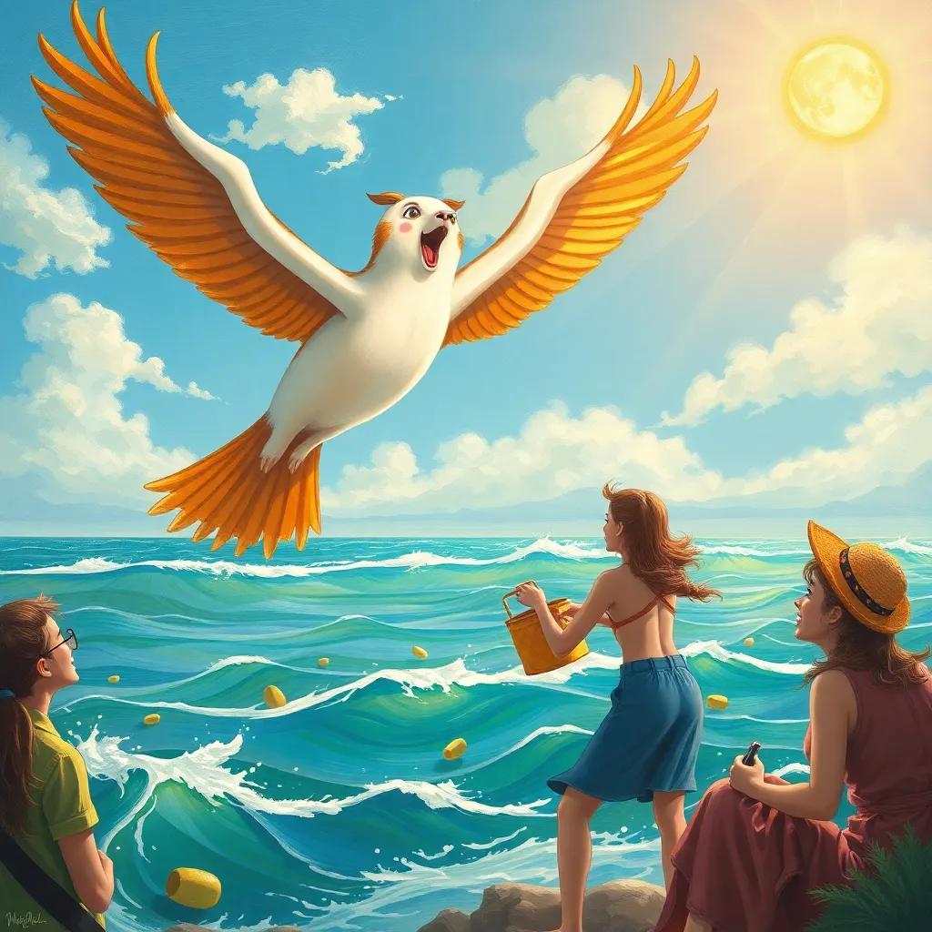 Nuno excitedly circling in the sky as she watches people picking up trash, bright ocean backdrop, colorful environment, positive themes, engaging illustration