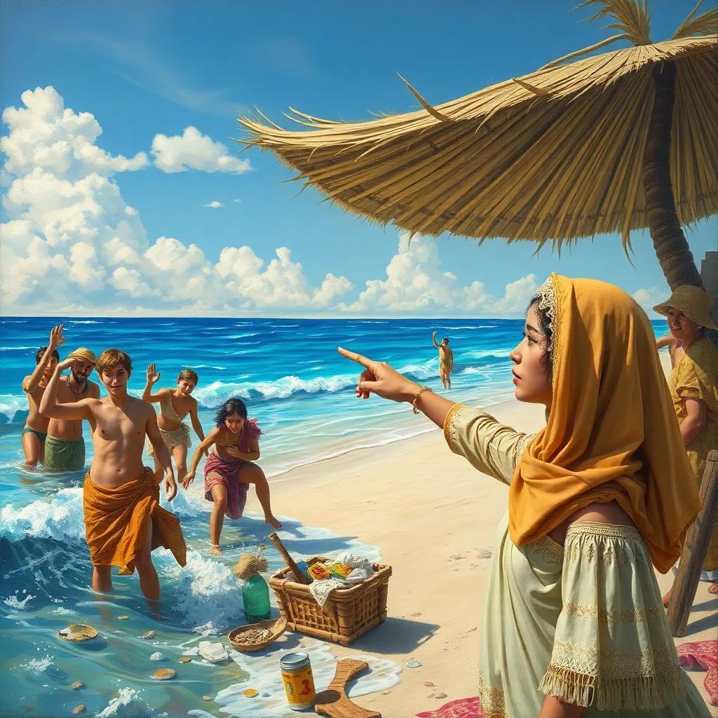 Farah pointing at people throwing trash in the ocean, looking concerned, vibrant beach setting with blue water, detailed characters, engaging visual