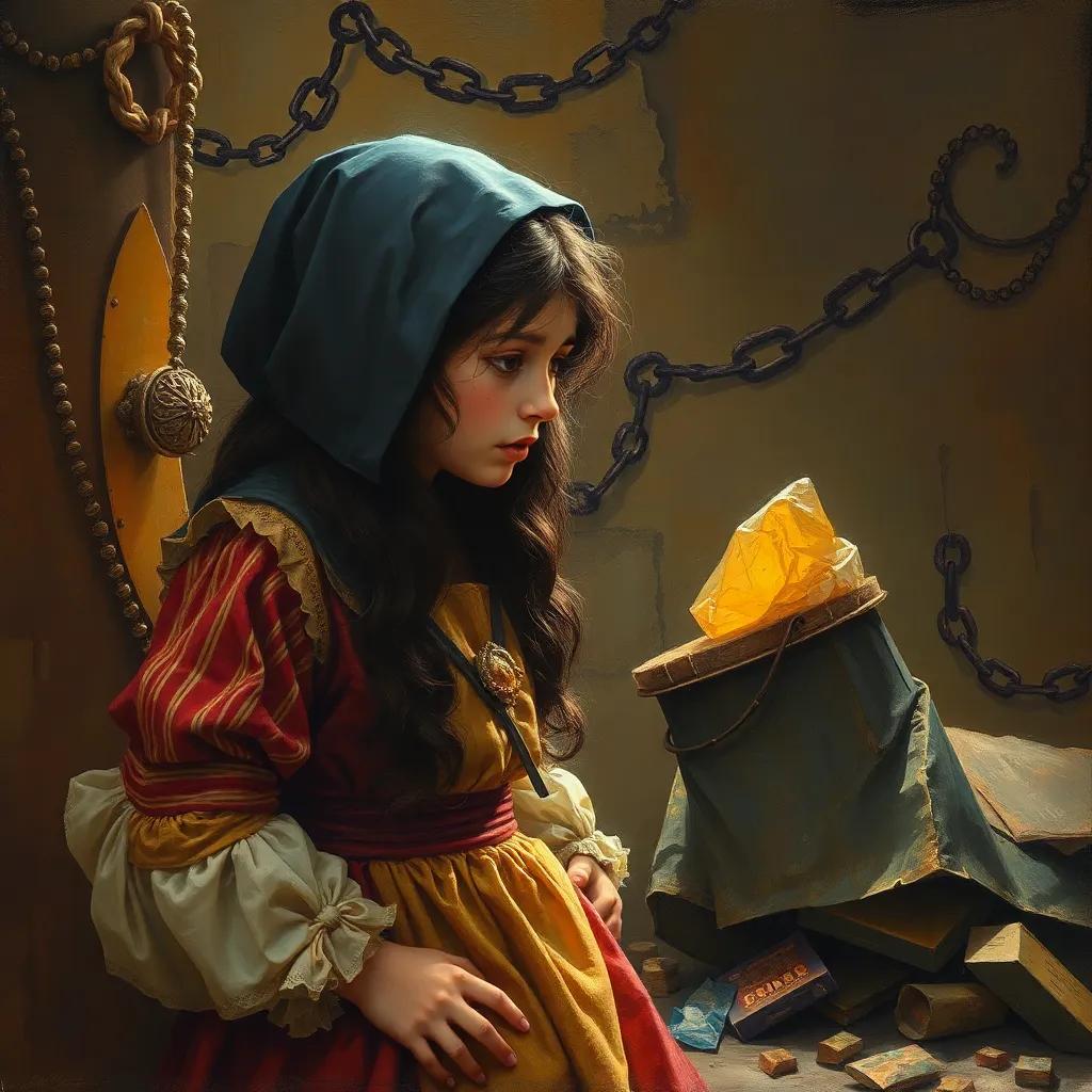Nuno looking sad as she notices the trash, soft light creating an emotional atmosphere, warm colors, sympathetic scene, clear focus on characters